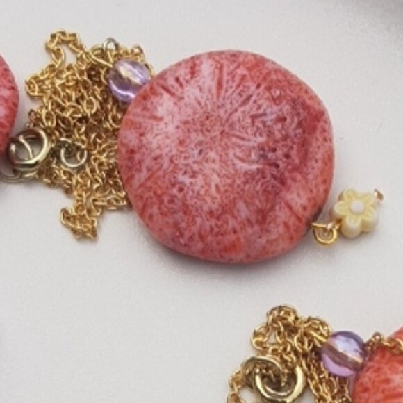 Patch & Roam pink fossilized coral pendant necklace with floral bead detail - Picture 1 of 7